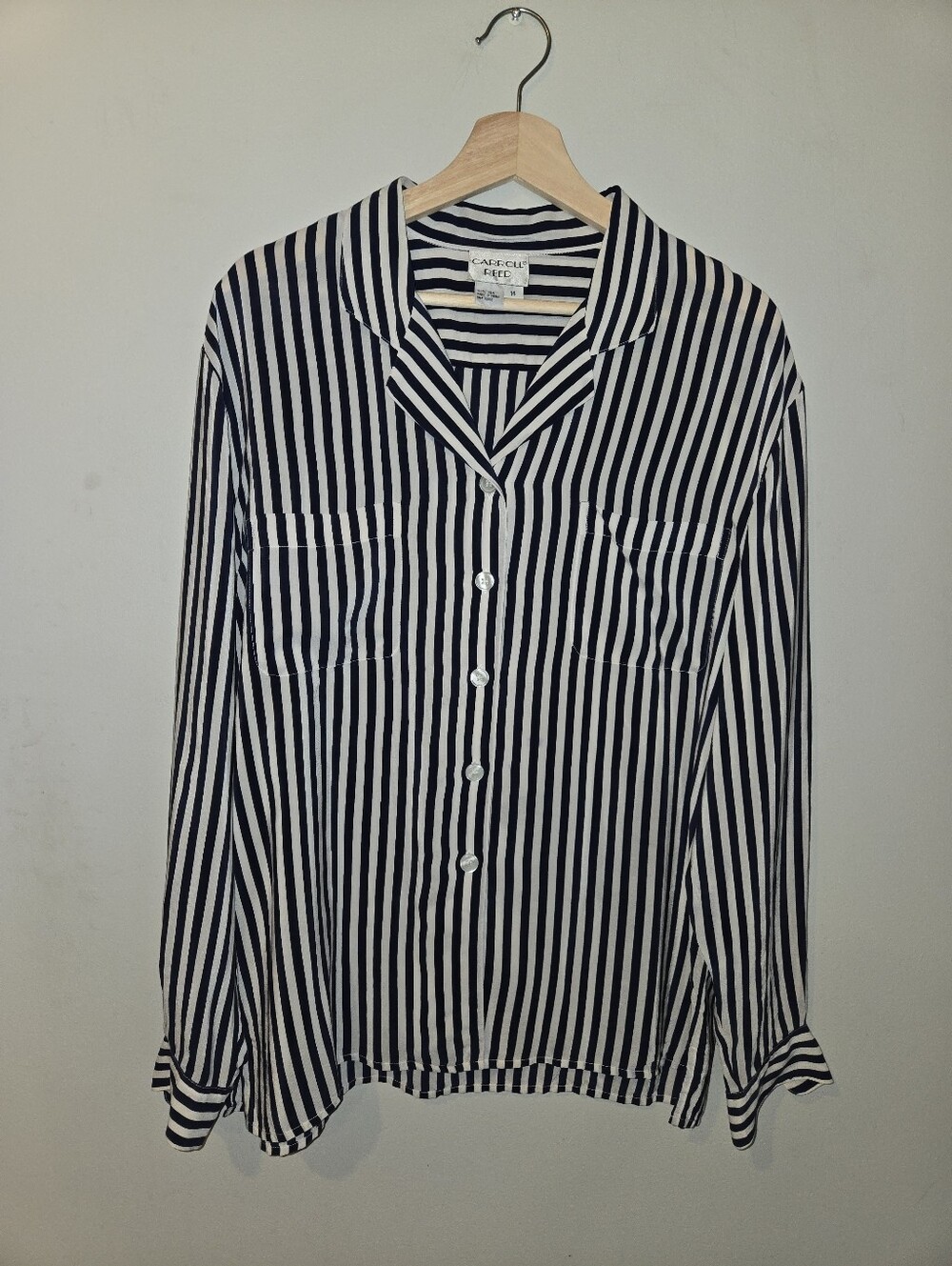100% Silk Blue White Striped Button-Down Carroll Reed Blouse 14 Parisian Coastal